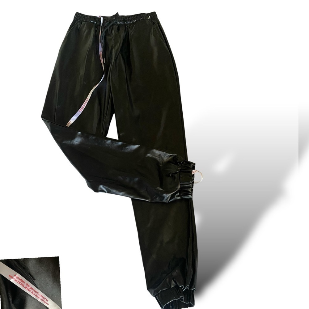 High Waisted Faux Leather Black Joggers Women’s Size 8 Goth Dark Lolita Bal…